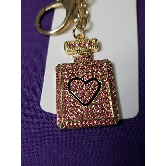 Mint Pink Perfume Bottle Rhinestone Purse Charm Key Ring Chain Gold Tone New - Picture 4 of 5